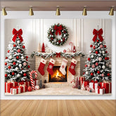 Lofaris Cozy Christmas Fireplace Backdrop with Snow-Dusted Trees, Elegant Holiday Background for Winter Photography and Festive Decor
