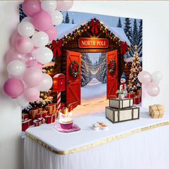 Lofaris Snowy North Pole Christmas Backdrop with Log Cabin Entrance, Decorated Trees and Gifts, Winter Wonderland Background for Holiday Party
