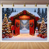 Lofaris Snowy North Pole Christmas Backdrop with Log Cabin Entrance, Decorated Trees and Gifts, Winter Wonderland Background for Holiday Party