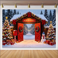 Lofaris Snowy North Pole Christmas Backdrop with Log Cabin Entrance, Decorated Trees and Gifts, Winter Wonderland Background for Holiday Party