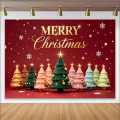 Lofaris Merry Christmas Backdrop with Colorful Stylized Trees and Snowflakes, Festive Holiday Background for Winter Celebration