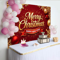 Lofaris Red and Gold Merry Christmas Happy New Year Backdrop, Festive Holiday Decor for Winter Celebration Photoshoot