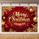 Lofaris Red and Gold Merry Christmas Happy New Year Backdrop, Festive Holiday Decor for Winter Celebration Photoshoot