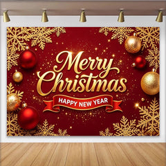 Lofaris Red and Gold Merry Christmas Happy New Year Backdrop, Festive Holiday Decor for Winter Celebration Photoshoot