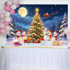 Lofaris Magical Snowy Christmas Tree Backdrop with Santa and Reindeer, Festive Winter Wonderland Background for Holiday Party Decor