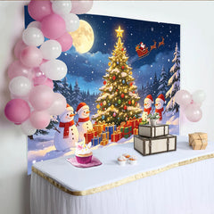 Lofaris Magical Snowy Christmas Tree Backdrop with Santa and Reindeer, Festive Winter Wonderland Background for Holiday Party Decor
