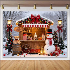 Lofaris Christmas Hot Cocoa Stand Backdrop with Snowman and Festive Decor, Charming Winter Holiday Scene for Family Photos and Party