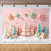 Lofaris Pink Pastel Christmas Backdrop with Paper Trees and Hanging Stars, Elegant Winter Holiday Background for Photoshoot