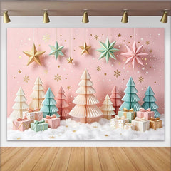 Lofaris Pink Pastel Christmas Backdrop with Paper Trees and Hanging Stars, Elegant Winter Holiday Background for Photoshoot