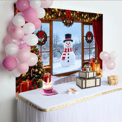 Lofaris Cozy Christmas Window Backdrop with Snowman and Decorated Tree, Festive Winter Scene Background for Holiday Photography