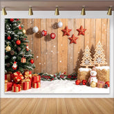Lofaris Rustic Wooden Christmas Backdrop with Snowman and Gifts, Festive Holiday Photography Background for Winter Celebrations.