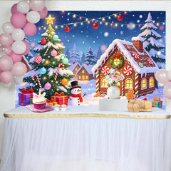 Lofaris Festive Christmas Winter Village Backdrop, Gingerbread House and Snowman Scene Background for Holiday Party Decor