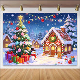 Lofaris Festive Christmas Winter Village Backdrop, Gingerbread House and Snowman Scene Background for Holiday Party Decor