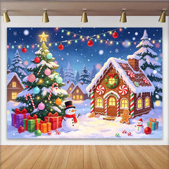 Lofaris Festive Christmas Winter Village Backdrop, Gingerbread House and Snowman Scene Background for Holiday Party Decor