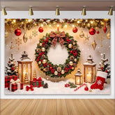 Lofaris Festive Red and Gold Christmas Backdrop with Wreath and Lanterns, Cozy Winter Scene Photography Background for Holiday Decor