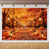 Lofaris Vibrant Autumn Leaves Pumpkin Lantern Backdrop for Fall Harvest, Festive String Lights Background for Thanksgiving Halloween Party