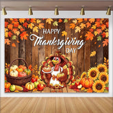 Lofaris Happy Thanksgiving Day Backdrop with Cartoon Turkey and Autumn Leaves, Rustic Wooden Plank Background for Fall Harvest Party Decor