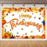 Lofaris Happy Thanksgiving Backdrop with Autumn Leaves and Harvest Elements, Festive Fall Photo Background for Family Dinner Party Decor