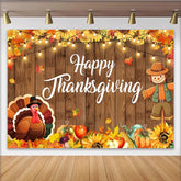 Lofaris Happy Thanksgiving Backdrop with Rustic Wood and Autumn Leaves, Turkey Scarecrow Fall Harvest Background for Autumn Party Decor