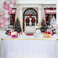 Lofaris Snowy Christmas House Entrance Backdrop with Gifts and Red Decorations, Elegant Winter Holiday Background for Family Photoshoot