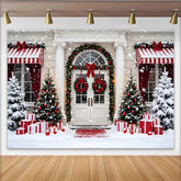 Lofaris Snowy Christmas House Entrance Backdrop with Gifts and Red Decorations, Elegant Winter Holiday Background for Family Photoshoot