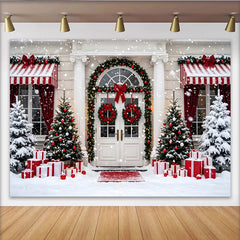 Lofaris Snowy Christmas House Entrance Backdrop with Gifts and Red Decorations, Elegant Winter Holiday Background for Family Photoshoot