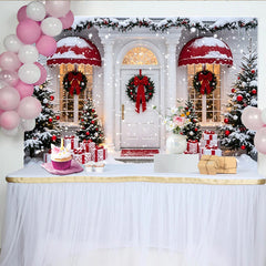 Lofaris Snowy Christmas Backdrop with Decorated House and Gift Boxes, Festive Winter Holiday Background for Party Decor and Photoshoot.