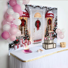Lofaris Snowy Christmas Backdrop with Decorated House and Gift Boxes, Festive Winter Holiday Background for Party Decor and Photoshoot.