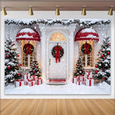 Lofaris Snowy Christmas Backdrop with Decorated House and Gift Boxes, Festive Winter Holiday Background for Party Decor and Photoshoot.