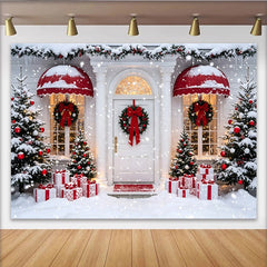 Lofaris Snowy Christmas Backdrop with Decorated House and Gift Boxes, Festive Winter Holiday Background for Party Decor and Photoshoot.
