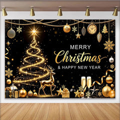 Lofaris Elegant Black and Gold Christmas Backdrop with Glowing Tree and Reindeer, Festive Happy New Year Party Background for Photoshoot