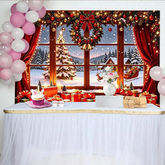 Lofaris Cozy Christmas Window Backdrop with Santa, Reindeer, and Gifts, Snowy Winter Scene Background for Holiday Party Decor