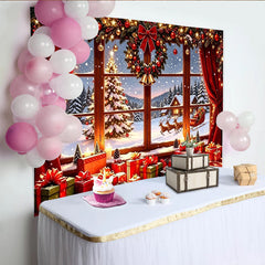 Lofaris Cozy Christmas Window Backdrop with Santa, Reindeer, and Gifts, Snowy Winter Scene Background for Holiday Party Decor