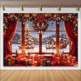 Lofaris Cozy Christmas Window Backdrop with Santa, Reindeer, and Gifts, Snowy Winter Scene Background for Holiday Party Decor