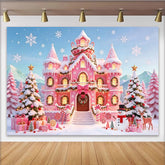 Lofaris Pink Christmas Castle Backdrop with Snow and Candy Canes, Festive Winter Wonderland Background for Holiday Party Photography