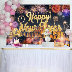 Lofaris Sparkling Gold Happy New Year Backdrop with Cityscape and Vibrant Light Bursts, Festive Party Background for Event Photography