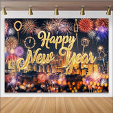 Lofaris Sparkling Gold Happy New Year Backdrop with Cityscape and Vibrant Light Bursts, Festive Party Background for Event Photography