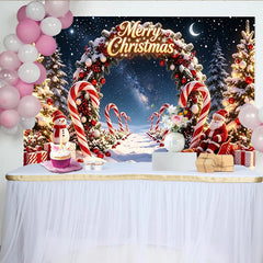 Lofaris Merry Christmas Snowy Night Backdrop with Santa, Pine Trees and Candy Canes, Festive Background for Winter Holiday Celebration