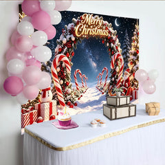 Lofaris Merry Christmas Snowy Night Backdrop with Santa, Pine Trees and Candy Canes, Festive Background for Winter Holiday Celebration