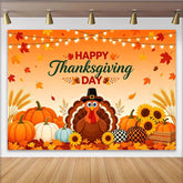 Lofaris Happy Thanksgiving Day Backdrop with Cartoon Turkey, Pumpkins and Autumn Leaves, Festive Fall Harvest Background for Party Decor