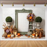 Lofaris Rustic Autumn Photography Backdrop with Pumpkins and Fall Leaves, Vintage Frame and Lanterns, Seasonal Photo for Studio