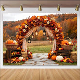 Lofaris Rustic Autumn Arch Holiday Backdrop with Fall Leaves and Pumpkins, Cozy Harvest Festival Background for Photography