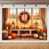 Lofaris Rustic Autumn Window Holiday Backdrop with Pumpkins and Fall Leaves, Cozy Harvest Season Background for Photography and Party Decor