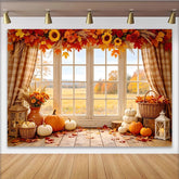 Lofaris Autumn Window Photography Backdrop with Pumpkins and Sunflowers, Rustic Fall Scene Background for Studio Photoshoot