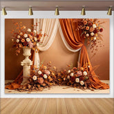Lofaris Elegant Autumn Floral Photography Backdrop with Orange Drapes and Cream Roses, Rustic Studio Background for Portrait Photoshoot