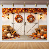 Lofaris Rustic Barn Door Autumn Photography Backdrop with White Pumpkins and Hay Bales, Fall Harvest Background for Seasonal Portraits