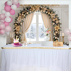 Lofaris Elegant Gold Christmas Window Backdrop with Festive Garland and Ornaments, Luxurious Winter Holiday Background for Family Decor
