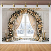 Lofaris Elegant Gold Christmas Window Backdrop with Festive Garland and Ornaments, Luxurious Winter Holiday Background for Family Decor