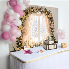 Lofaris Elegant Golden Christmas Window Backdrop with Snowy View, Festive Holiday Decor for Winter Photography