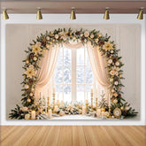Lofaris Elegant Golden Christmas Window Backdrop with Snowy View, Festive Holiday Decor for Winter Photography